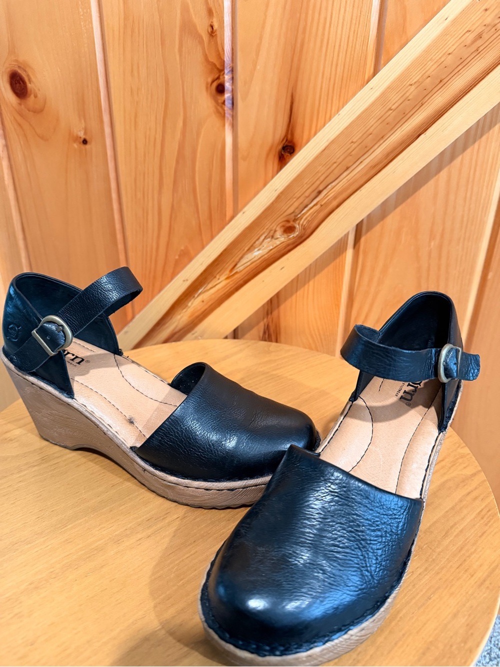 Born Black Leather Wedge Sandals with Ankle Strap